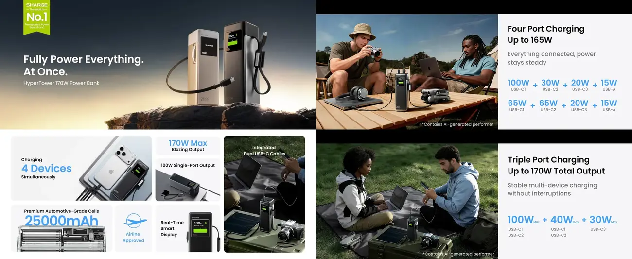 SHARGE HyperTower 170 25000mAh power bank with 170W fast charging, smart display, and dual built-in USB-C cables