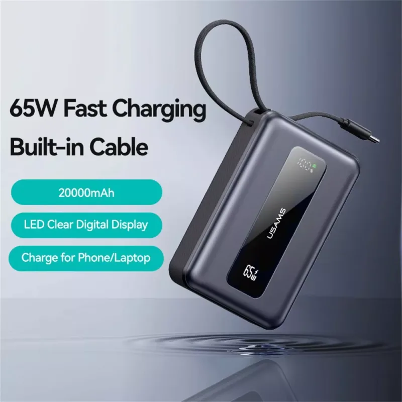 USAMS CD243 65W 20000mAh fast charging power bank with built-in Type-C cable for laptops and smartphones