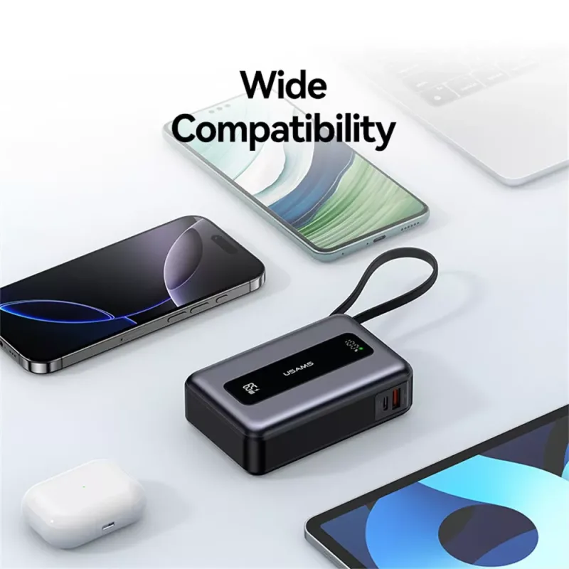 USAMS 65W Laptop Power Bank with 20000mAh battery, USB-C Power Delivery, and LED digital display