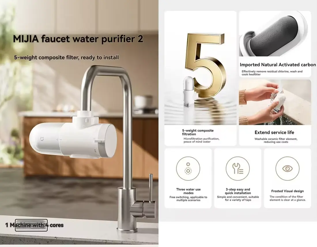 Xiaomi Mijia Faucet Water Purifier 2 with 5-stage filtration and activated carbon for home kitchen